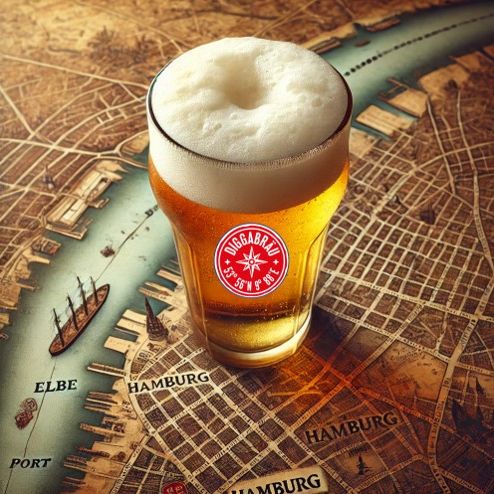 Diggabräu Craft Bier aus Hamburg – kühles, goldfarbenes Bier mit Schaumkrone auf einer historischen Karte der Hansestadt